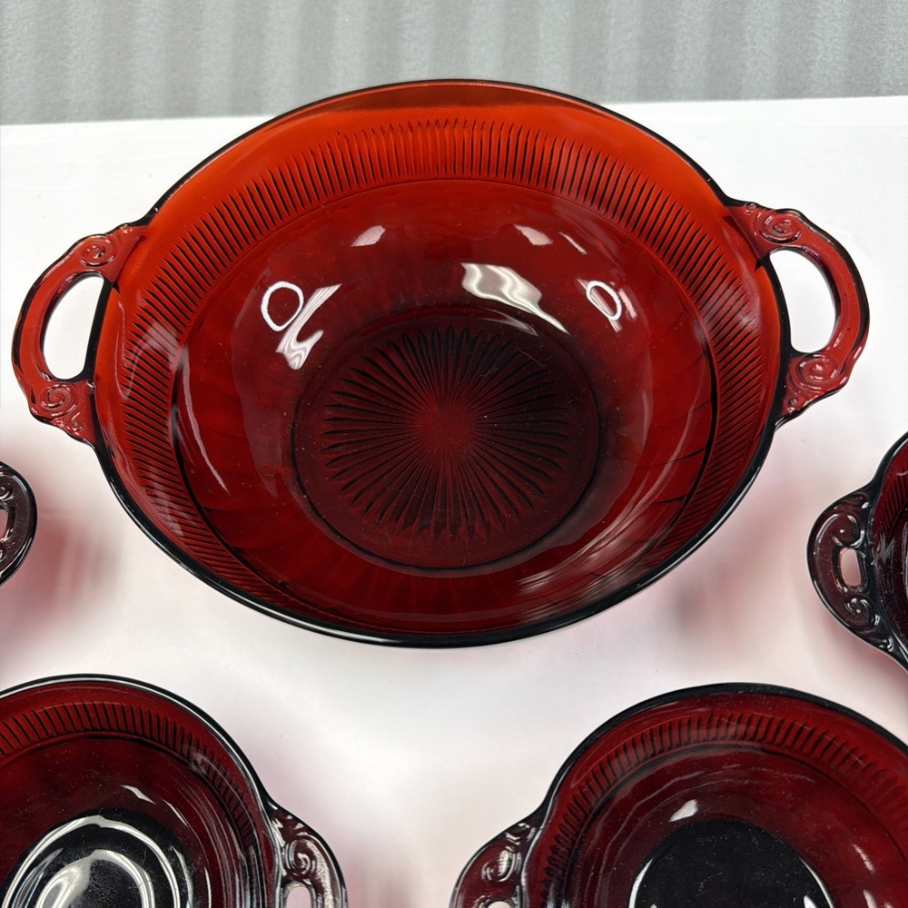 Anchor hocking 5 RUBY RED DEPRESSION GLASS Berry BOWLS W/HANDLES 1 Salad Bowl - Picture 4 of 12